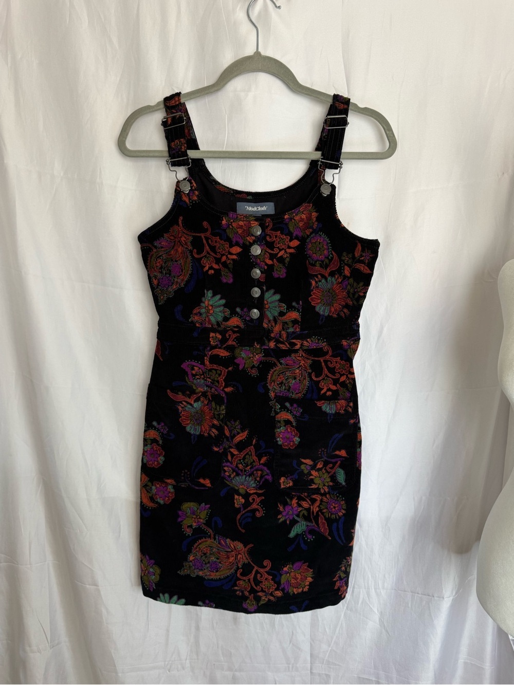 ModCloth Black Floral Corduroy Overall Mini Dress Size 2